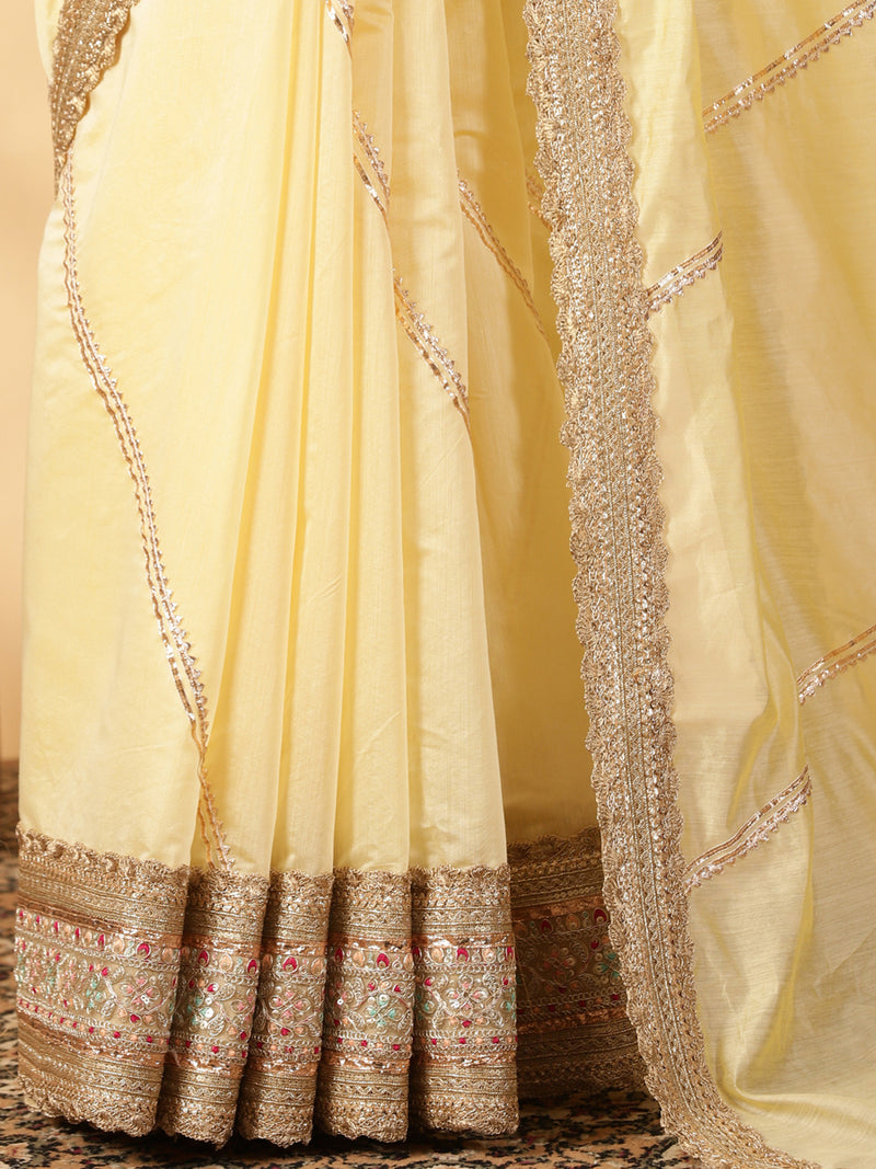 Lemon Yellow Chandheri Heritage Gota Work Saree With Designer Embroidered Lace Work-Binks