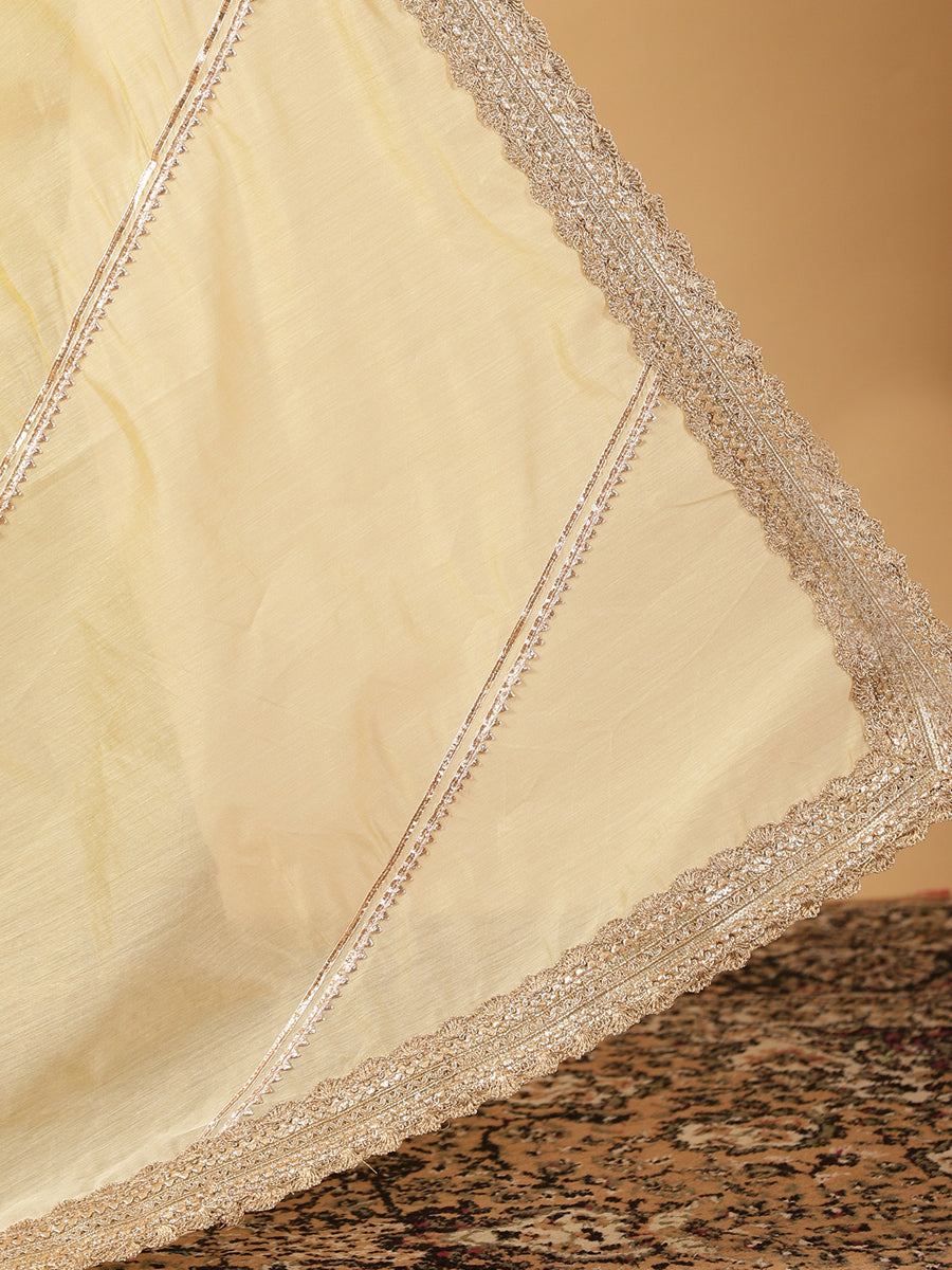 Lemon Yellow Chandheri Heritage Gota Work Saree With Designer Embroidered Lace Work, in Yellow Chandheri (view 6).