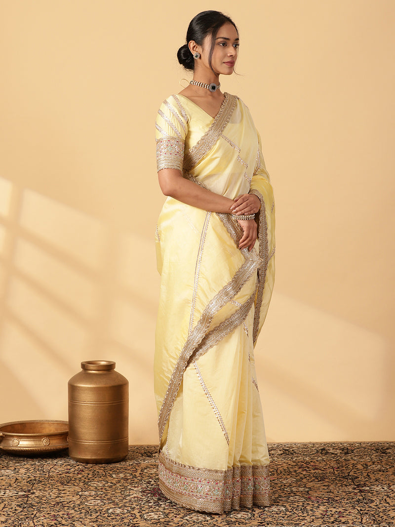 Lemon Yellow Chandheri Heritage Gota Work Saree With Designer Embroidered Lace Work-Binks