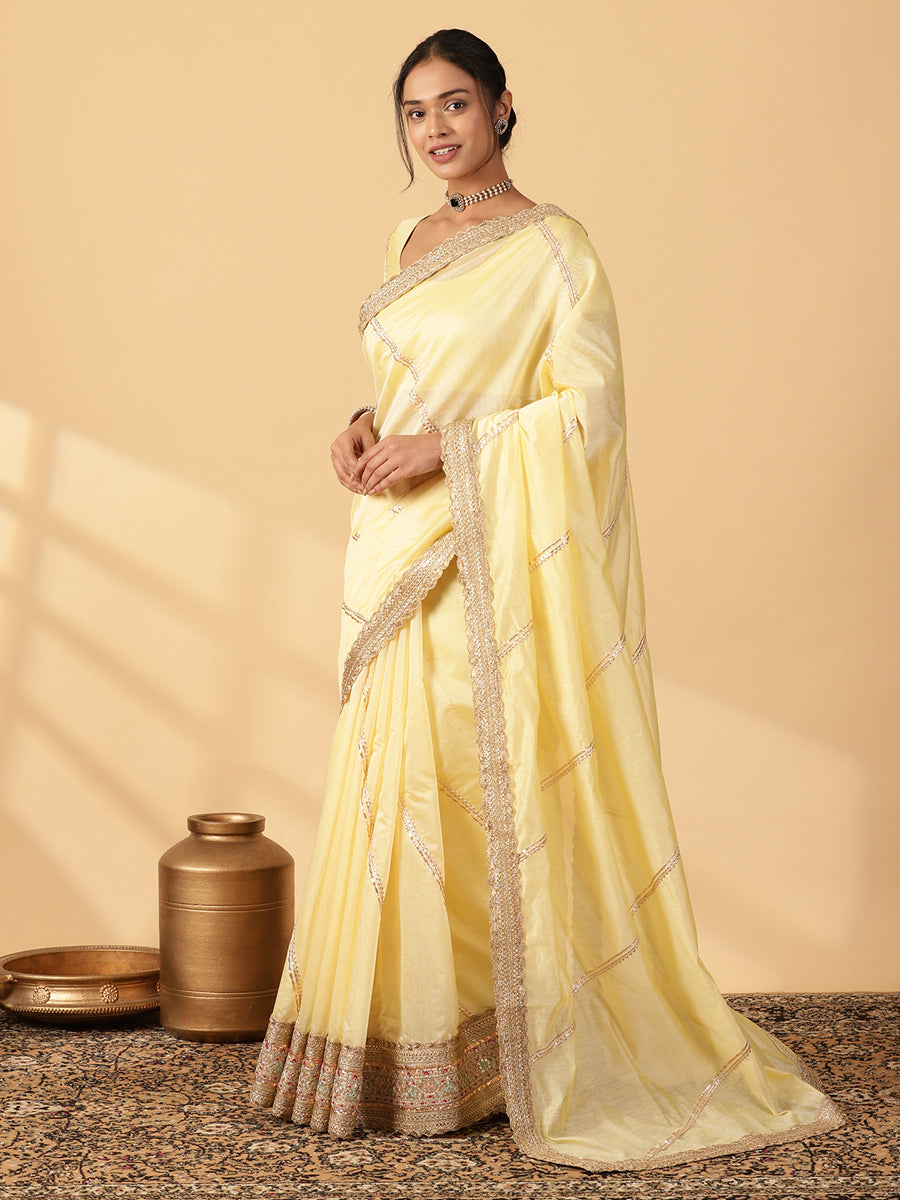 Lemon Yellow Chandheri Heritage Gota Work Saree With Designer Embroidered Lace Work, in Yellow Chandheri (view 8).