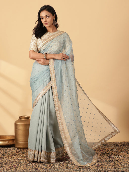 Blue Green Foil Chandheri Saree With Organza Mint Butta Pallu & Lace Work