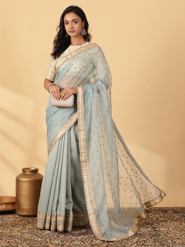 Blue Green Foil Chandheri Saree With Organza Mint Butta Pallu & Lace Work, in Blue Chandheri Foil & Organza Sequin Butta.