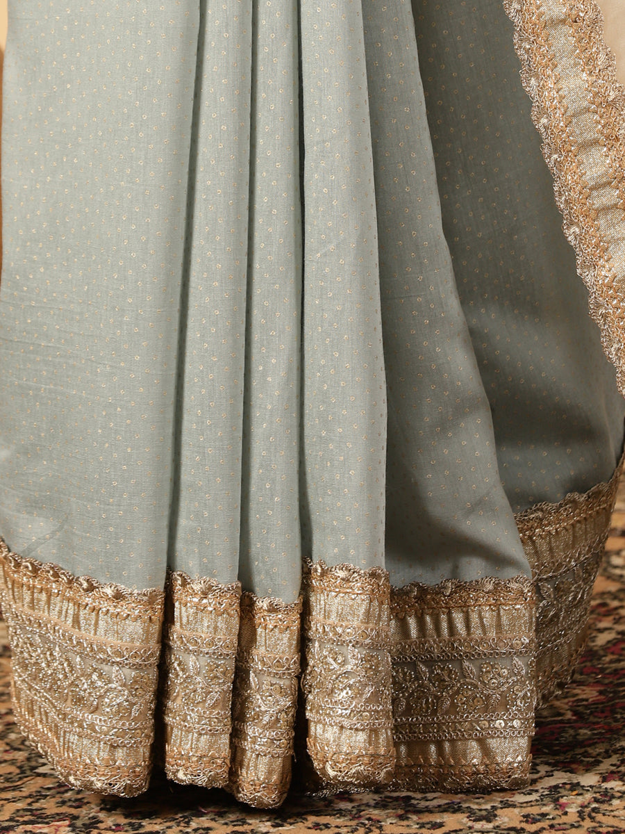 Blue Green Foil Chandheri Saree With Organza Mint Butta Pallu & Lace Work, in Blue Chandheri Foil & Organza Sequin Butta.