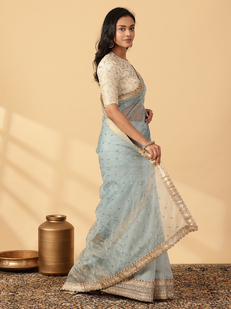 Blue Green Foil Chandheri Saree With Organza Mint Butta Pallu & Lace Work-Binks