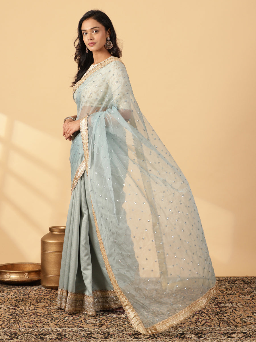 Blue Green Foil Chandheri Saree With Organza Mint Butta Pallu & Lace Work, in Blue Chandheri Foil & Organza Sequin Butta.
