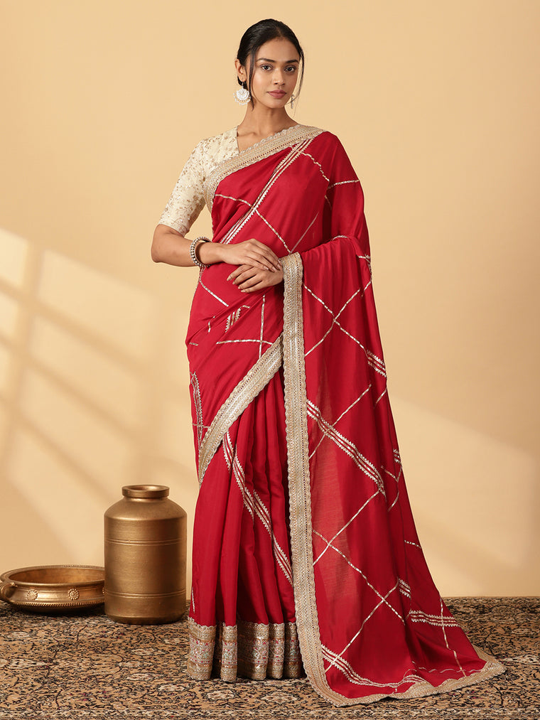 Scarlet Red Viscose Saree With Heritage Gota & Heavy Embroidered Lace Work, in Red 80% Viscose 20% Polyester.