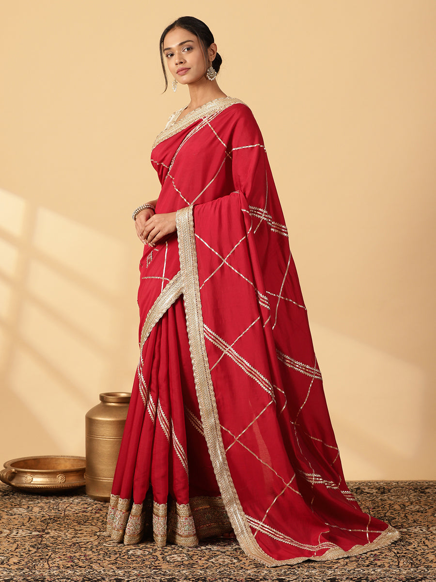 Scarlet Red Viscose Saree With Heritage Gota & Heavy Embroidered Lace Work, in Red 80% Viscose 20% Polyester (view 8).