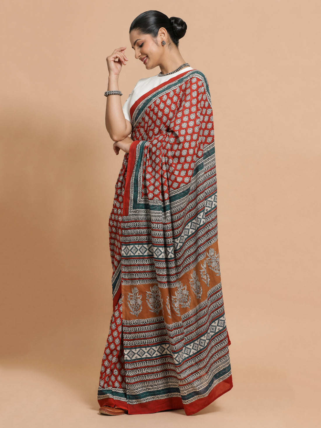Hand Block Bagru Print Red Cotton Mulmul Saree, in Red Mulmul Cotton, made for daily & work.