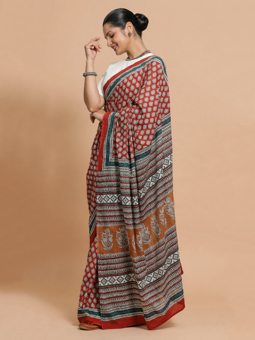 Hand Block Bagru Print Red Cotton Mulmul Saree, in Red Mulmul Cotton, made for daily & work.