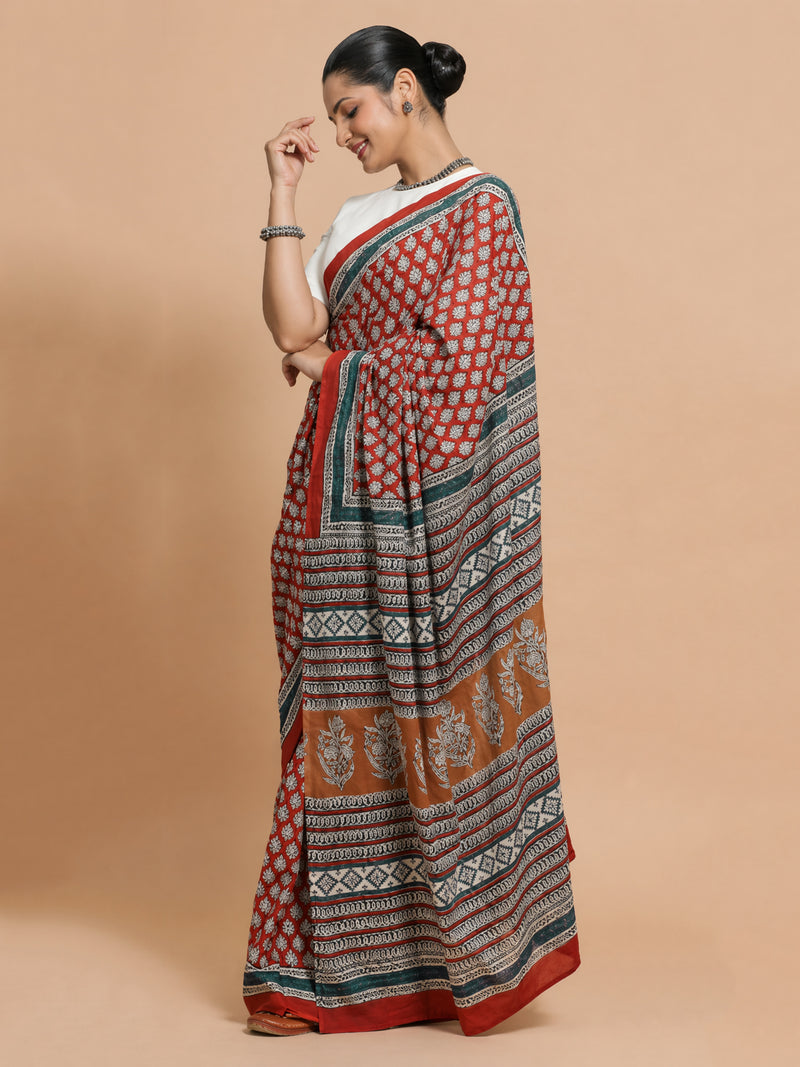 Hand Block Bagru Print Red Cotton Mulmul Saree-Binks