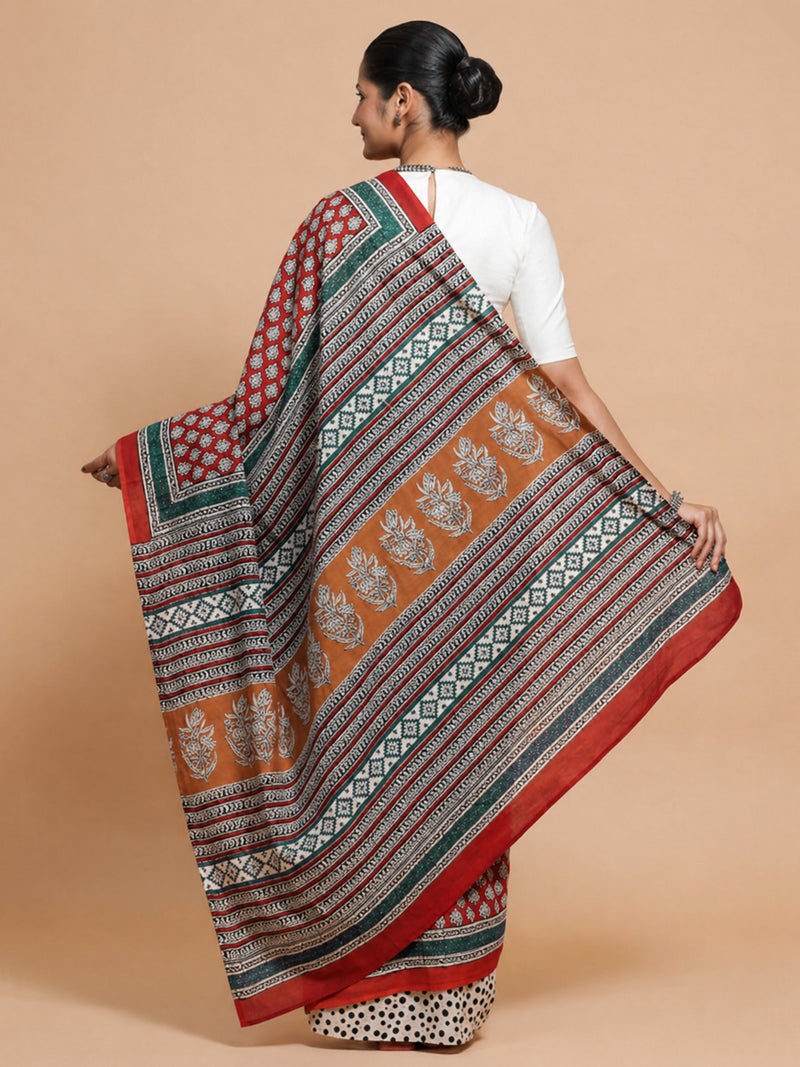 Hand Block Bagru Print Red Cotton Mulmul Saree-Binks