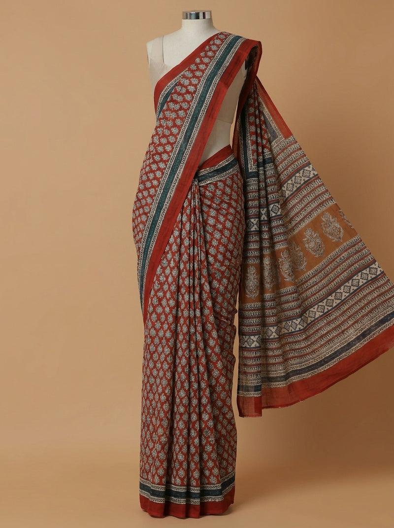 Hand Block Bagru Print Red Cotton Mulmul Saree-Binks