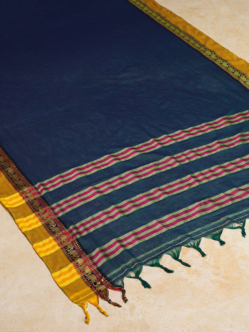 Navy Elephant Border Handloom Cotton Narayanpet Saree-Binks