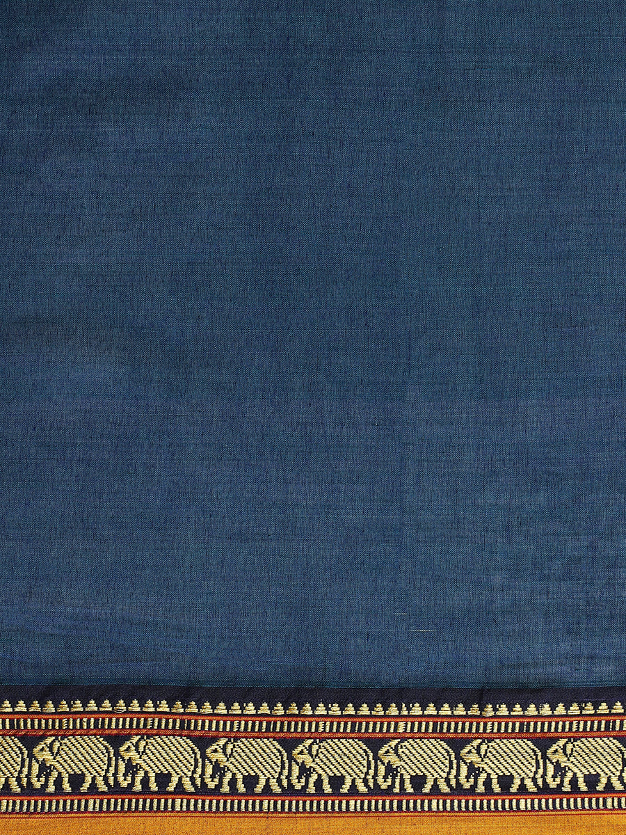 Navy Elephant Border Handloom Cotton Narayanpet Saree, in Blue Cotton, made for daily & work (view 3).