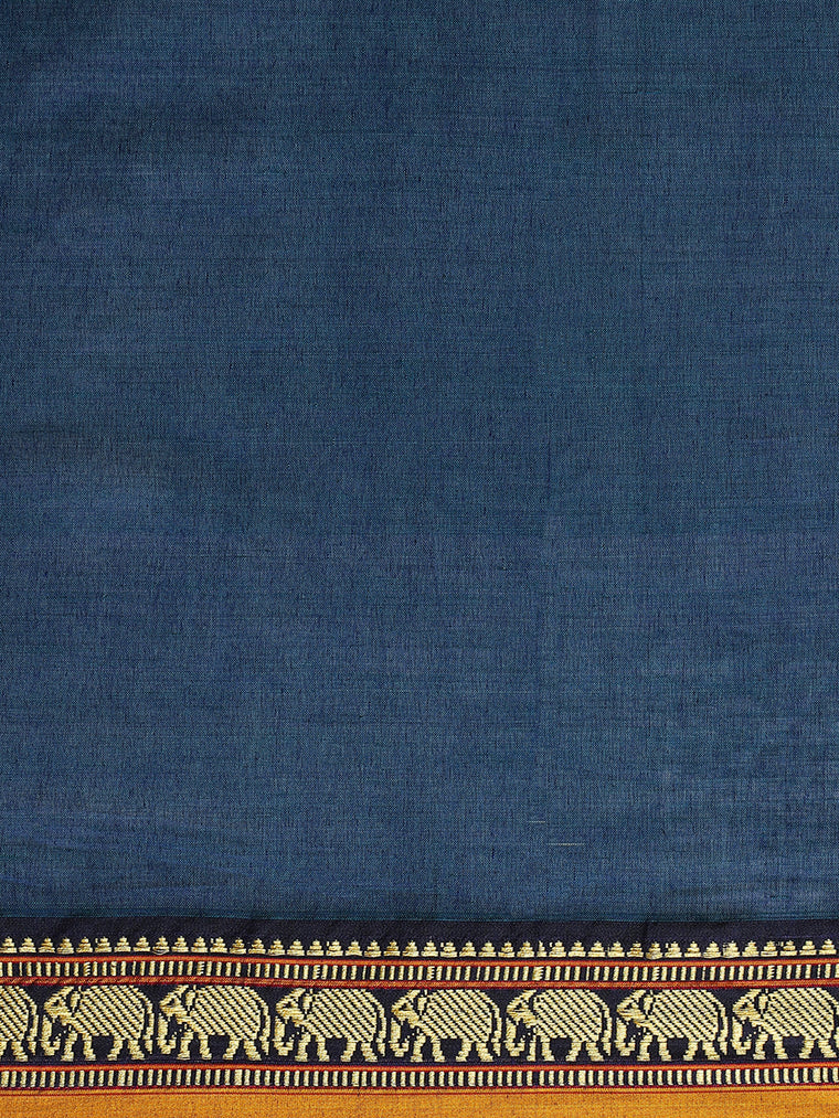Navy Elephant Border Handloom Cotton Narayanpet Saree, in Blue Cotton, made for daily & work (view 3).