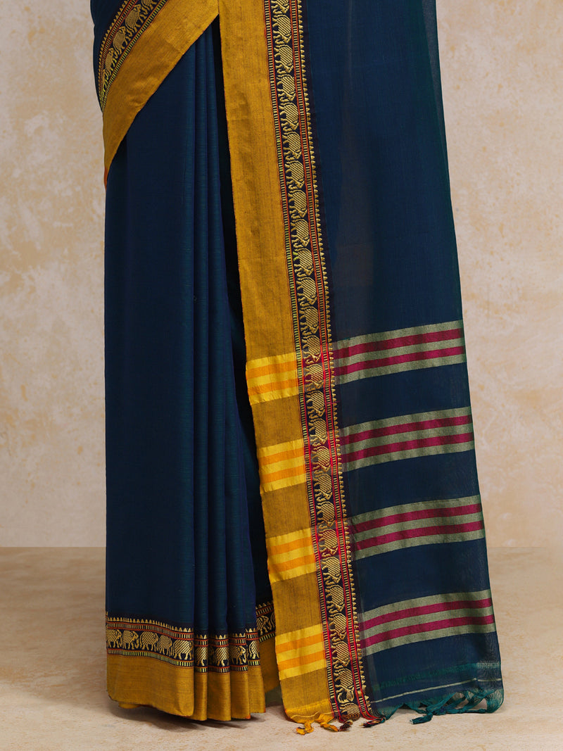 Navy Elephant Border Handloom Cotton Narayanpet Saree-Binks