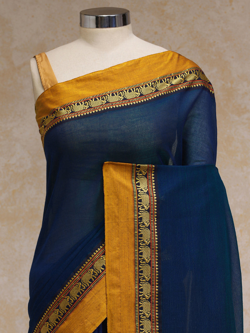 Navy Elephant Border Handloom Cotton Narayanpet Saree-Binks