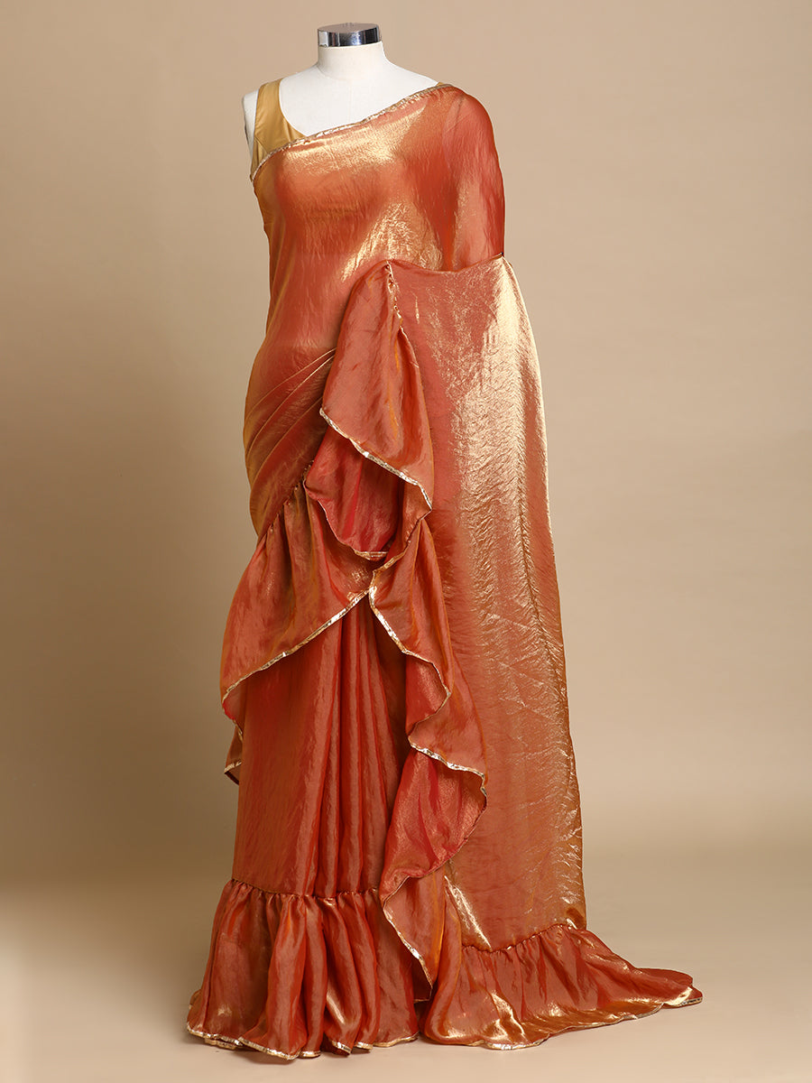Sharmila x Tyohaar | Amber Glow Shimmer Tissue Ruffle Saree