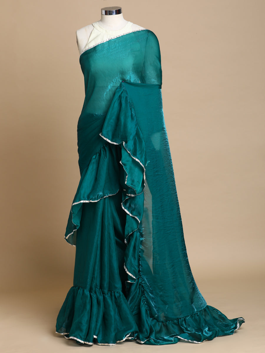 Sharmila x Tyohaar | Glass Green Shimmer Tissue Ruffle Saree