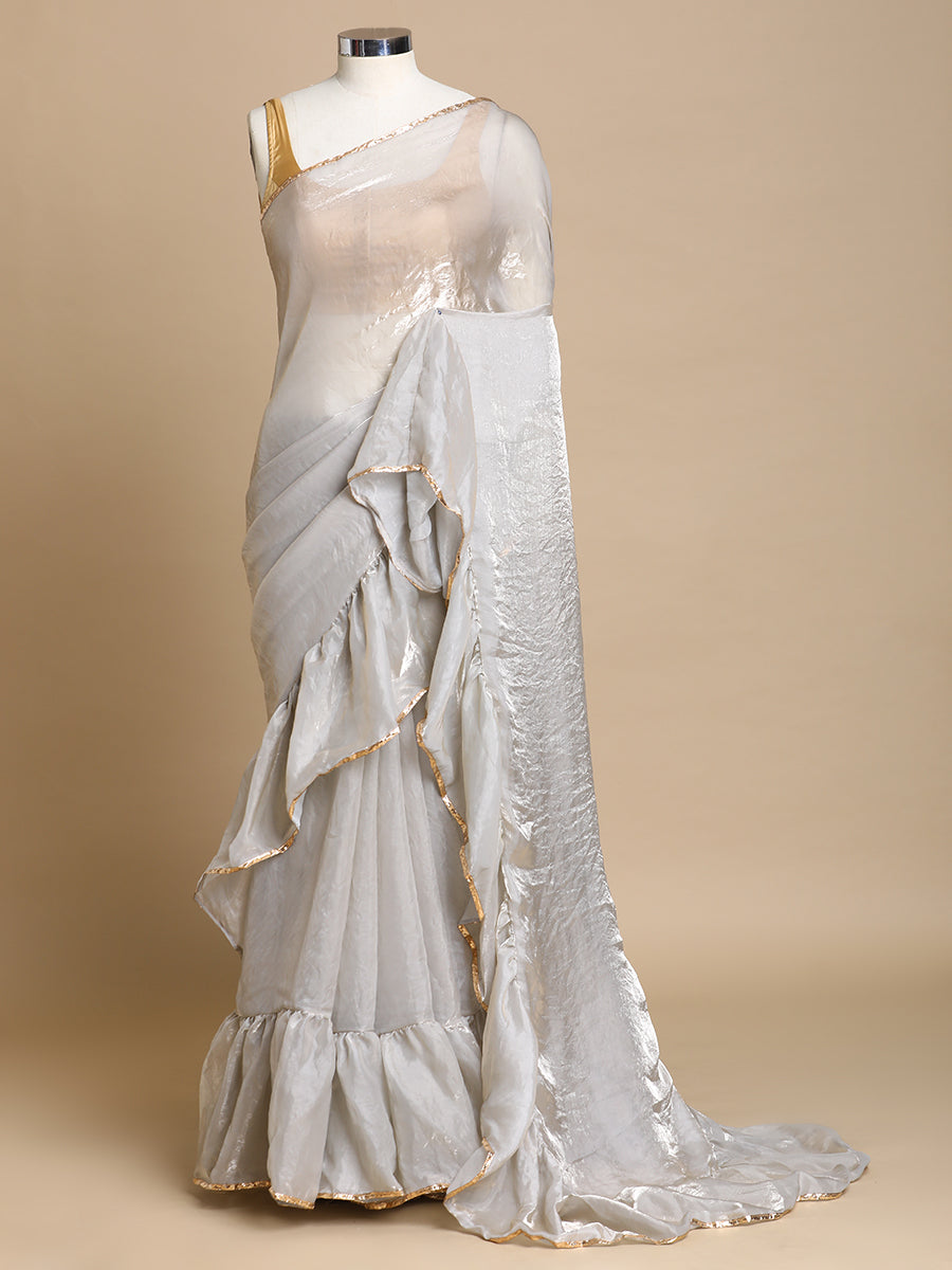 Sharmila x Tyohaar | Silver Grey Shimmer Tissue Ruffle Saree