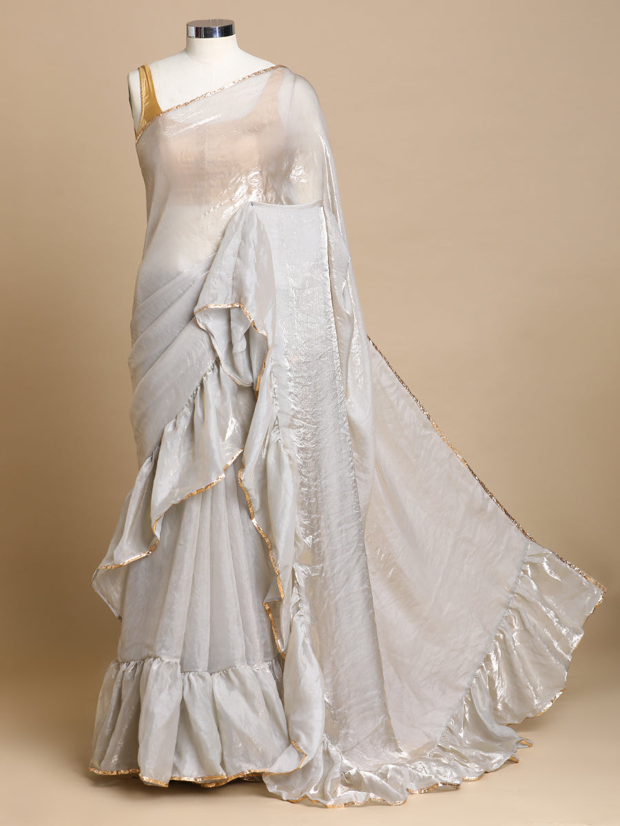 Sharmila x Tyohaar Saree, in Grey Tissue Fabric, made for party & festive (view 3).