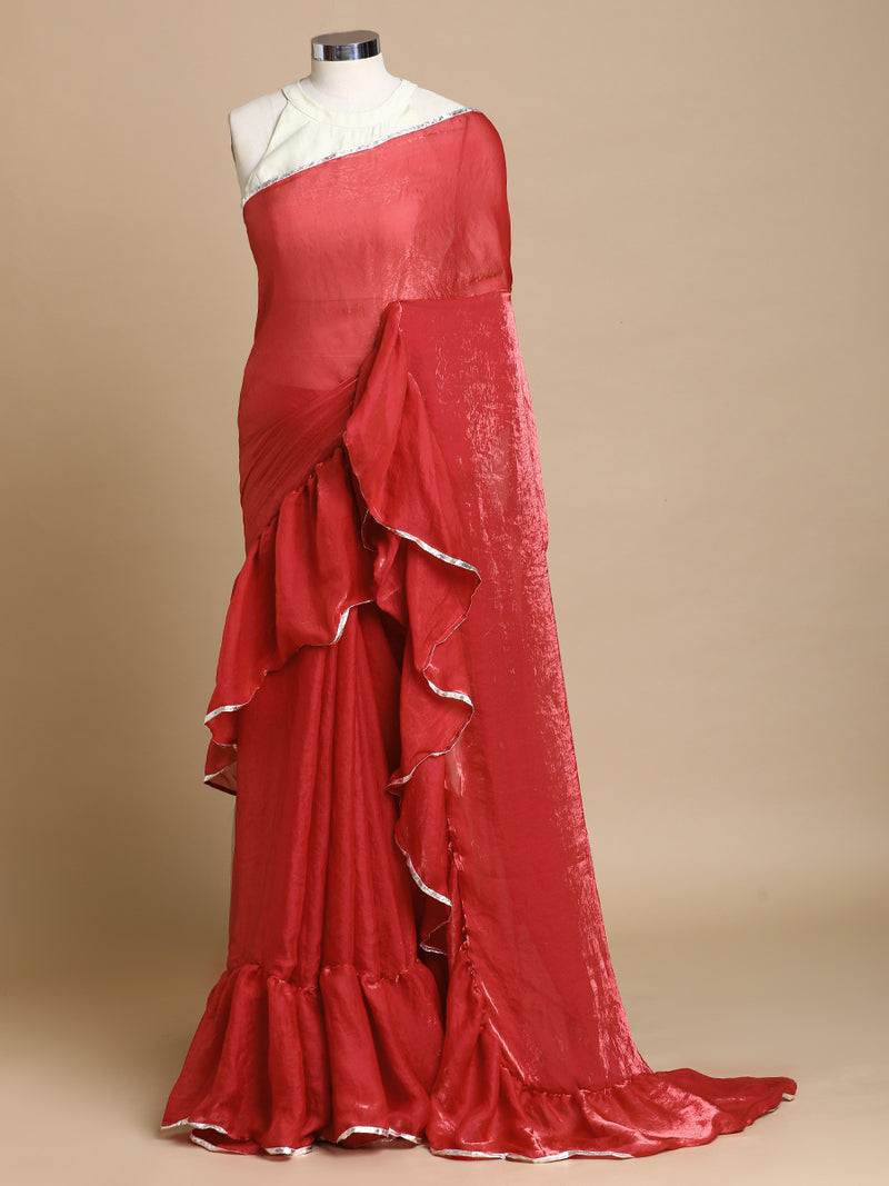 Sharmila x Tyohaar | Ruby Bloom Shimmer Tissue Ruffle Saree-Binks