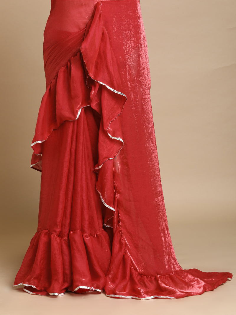 Sharmila x Tyohaar | Ruby Bloom Shimmer Tissue Ruffle Saree-Binks