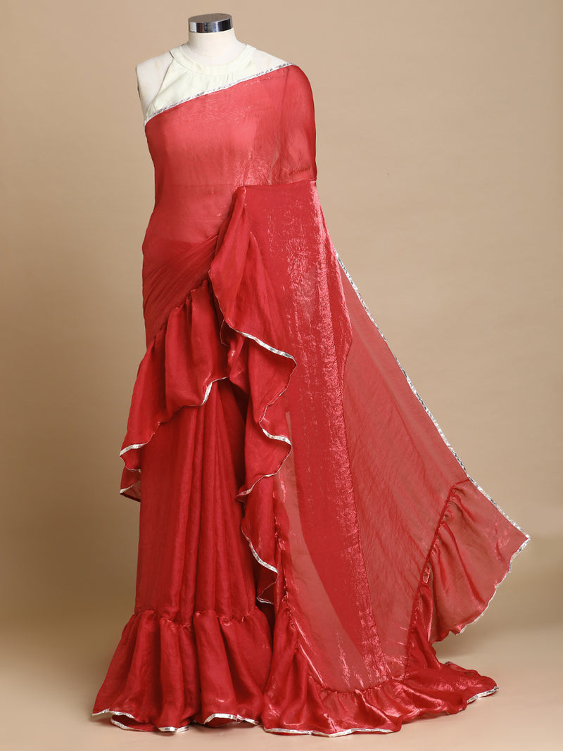 Sharmila x Tyohaar | Ruby Bloom Shimmer Tissue Ruffle Saree-Binks
