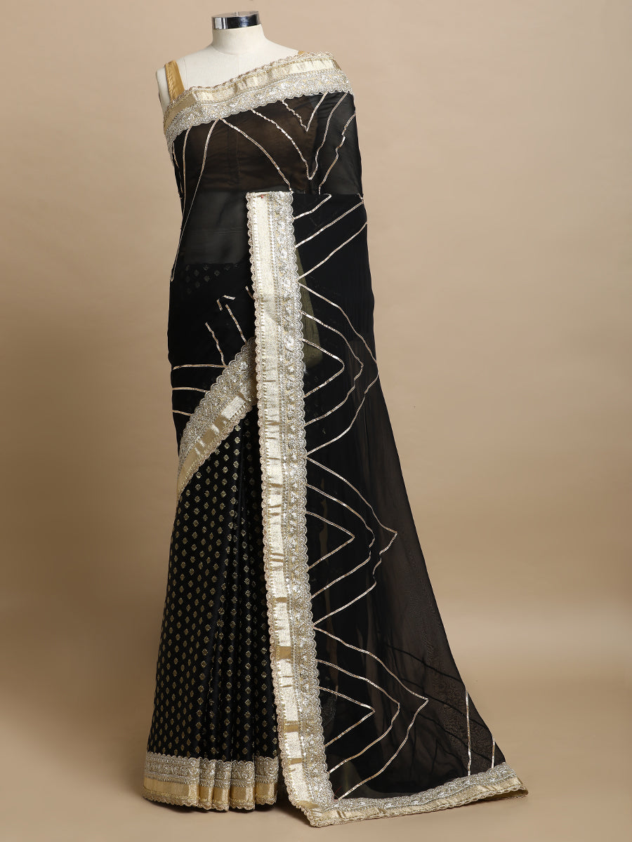 Shvetika x Tyohaar Saree, in Black Viscose Satin Butta & Viscose Organza, made for party & festive.