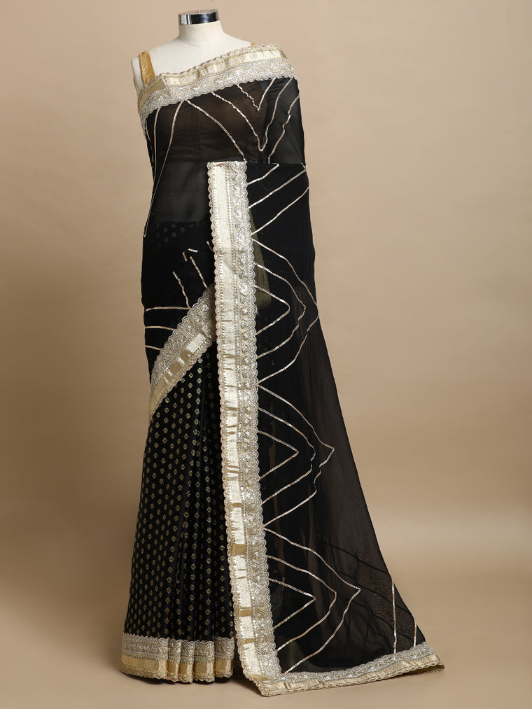 Shvetika x Tyohaar Saree, in Black Viscose Satin Butta & Viscose Organza, made for party & festive.