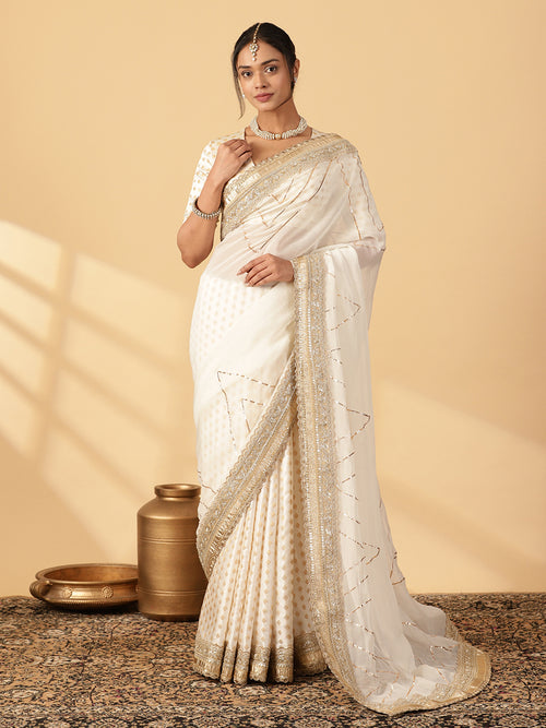 Shvetika Cream Viscose Butta Saree With Organza Pallu & Hand Gota Work