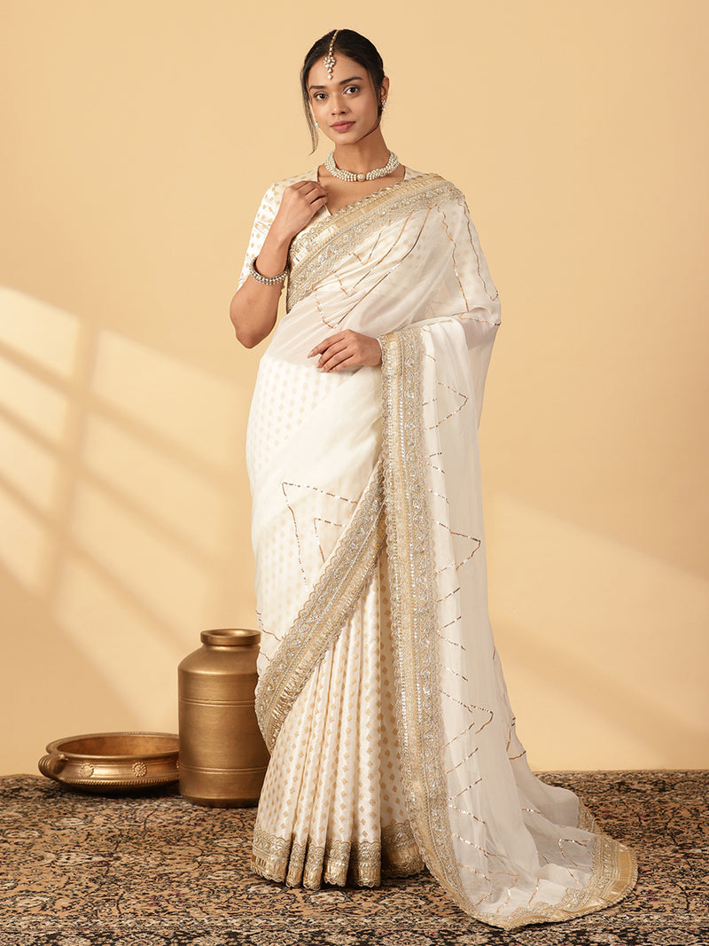 Shvetika Cream Viscose Butta Saree With Organza Pallu & Hand Gota Work, in White Viscose Satin Butta & Viscose Organza.