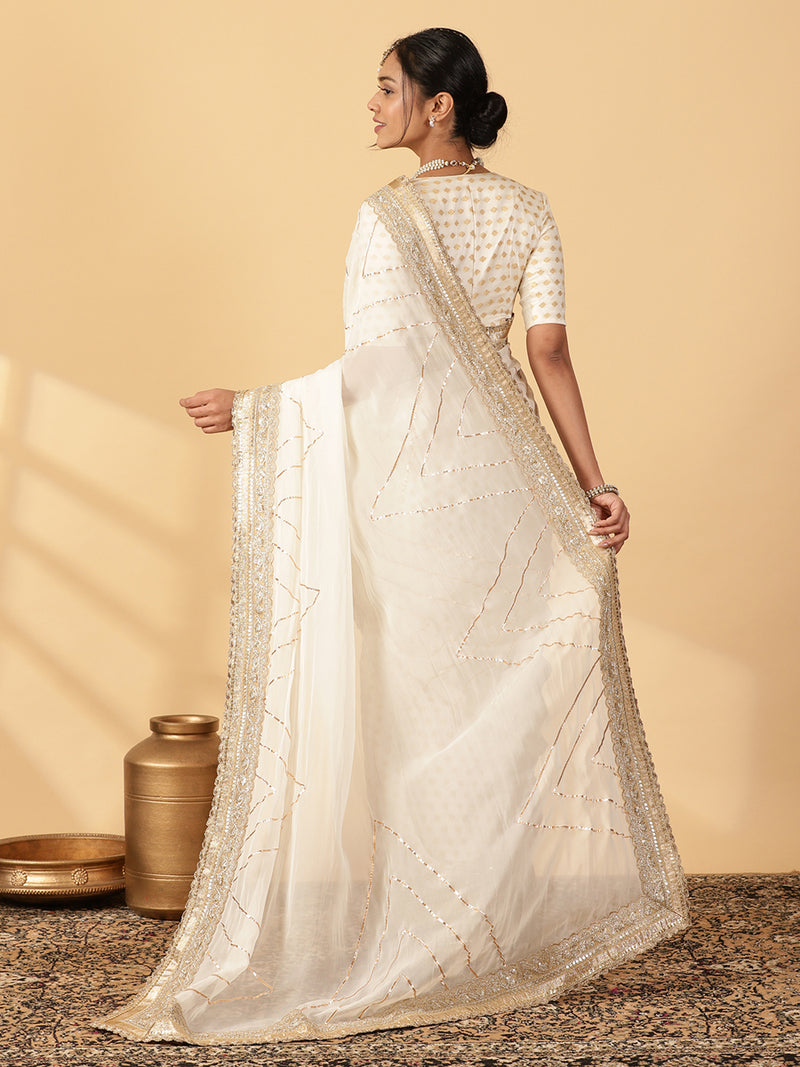 Shvetika Cream Viscose Butta Saree With Organza Pallu & Hand Gota Work, in White Viscose Satin Butta & Viscose Organza (view 2).