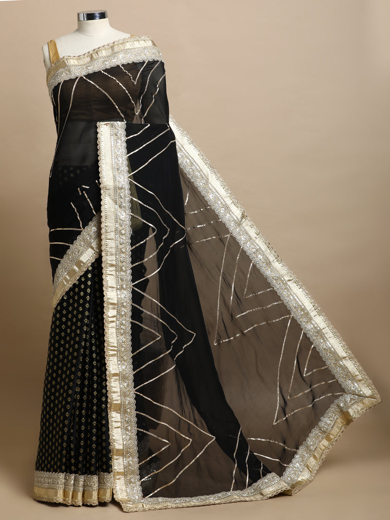 Shvetika x Tyohaar | Cream Viscose Butta Saree With Designer Embroidered Lace Work & Hand Gota Work-Binks