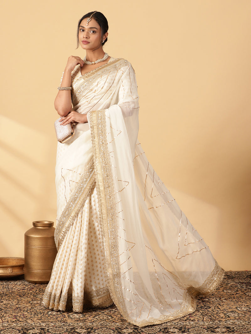 Shvetika Cream Viscose Butta Saree With Organza Pallu & Hand Gota Work, in White Viscose Satin Butta & Viscose Organza (view 3).