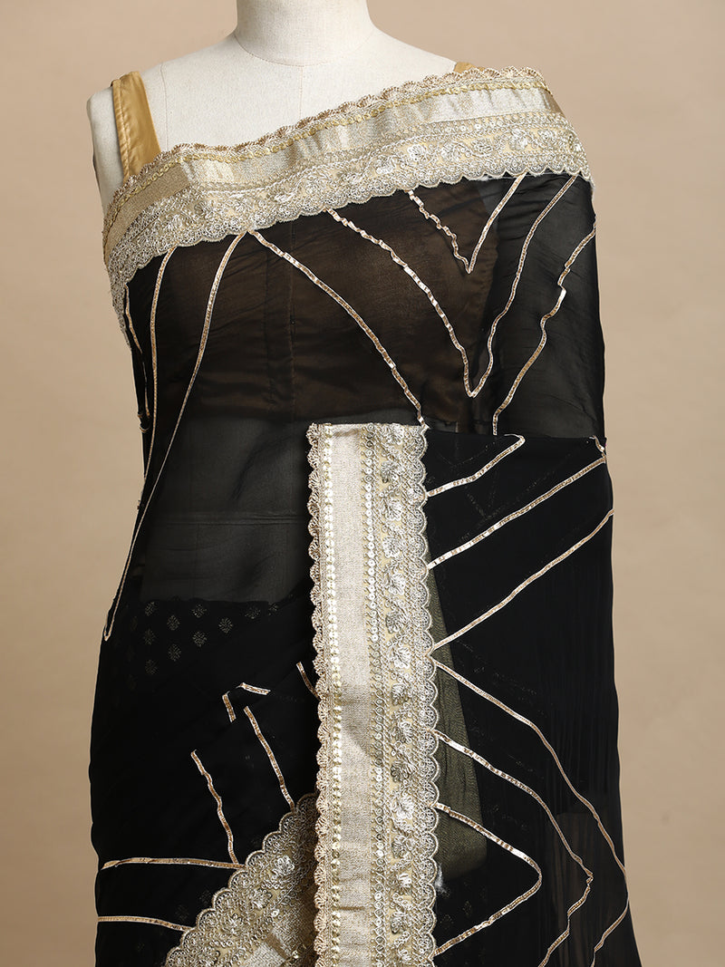 Shvetika x Tyohaar | Cream Viscose Butta Saree With Designer Embroidered Lace Work & Hand Gota Work-Binks