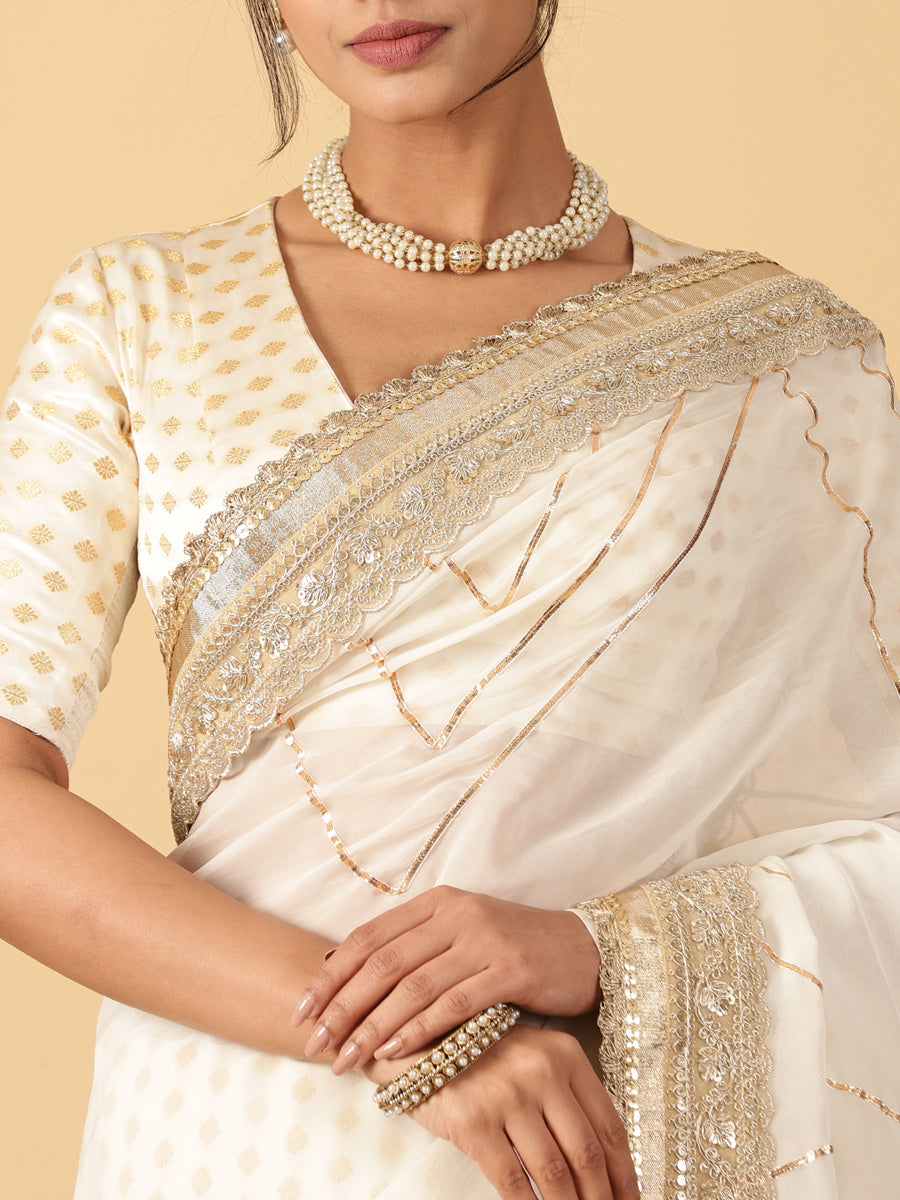 Shvetika Cream Viscose Butta Saree With Organza Pallu & Hand Gota Work, in White Viscose Satin Butta & Viscose Organza (view 4).