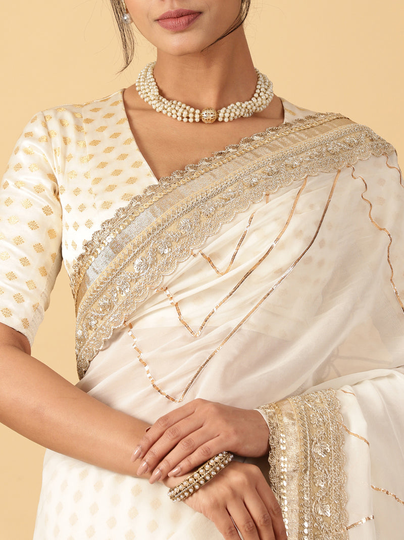 Shvetika Cream Viscose Butta Saree With Organza Pallu & Hand Gota Work, in White Viscose Satin Butta & Viscose Organza (view 4).