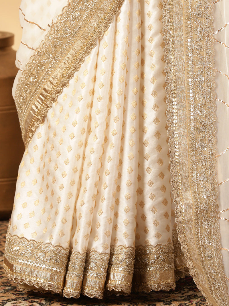 Shvetika Cream Viscose Butta Saree With Organza Pallu & Hand Gota Work, in White Viscose Satin Butta & Viscose Organza (view 5).