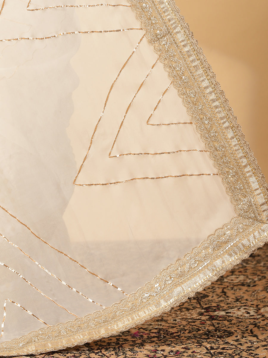Shvetika Cream Viscose Butta Saree With Organza Pallu & Hand Gota Work, in White Viscose Satin Butta & Viscose Organza (view 6).