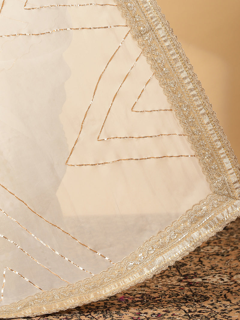 Shvetika Cream Viscose Butta Saree With Organza Pallu & Hand Gota Work, in White Viscose Satin Butta & Viscose Organza (view 6).