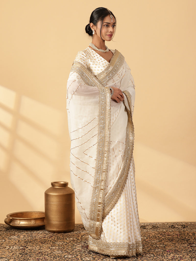 Shvetika Cream Viscose Butta Saree With Organza Pallu & Hand Gota Work, in White Viscose Satin Butta & Viscose Organza (view 7).