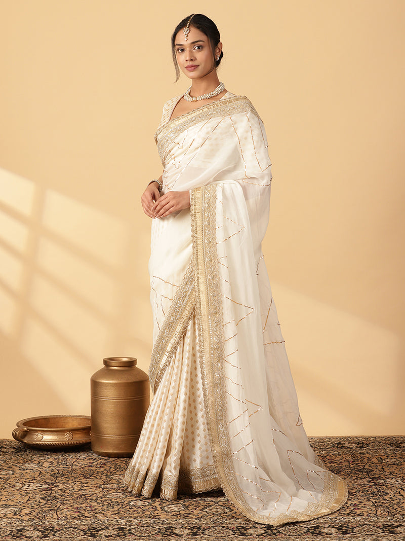 Shvetika Cream Viscose Butta Saree With Organza Pallu & Hand Gota Work, in White Viscose Satin Butta & Viscose Organza (view 8).