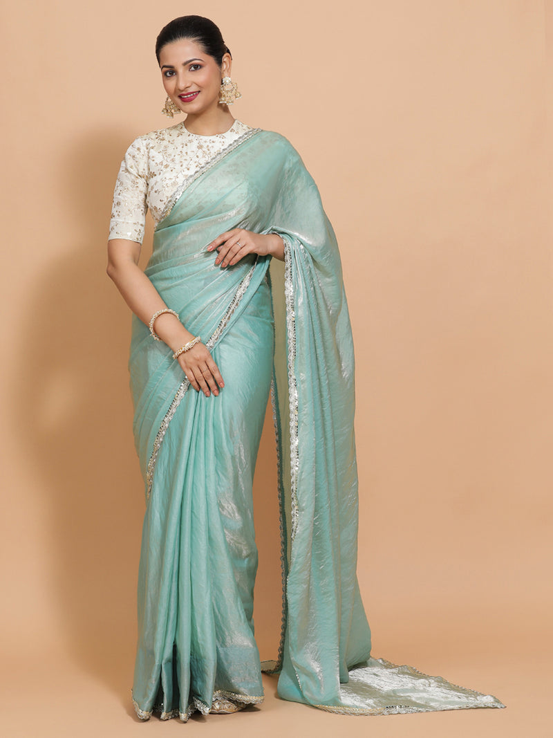 Sophia x Tyohaar | Aqua Sheen Tissue Ready-to-Wear One Minute Saree-Binks