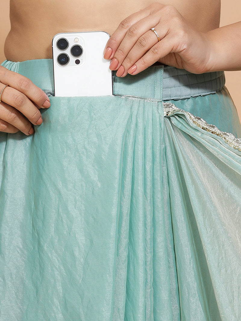 Sophia x Tyohaar | Aqua Sheen Tissue Ready-to-Wear One Minute Saree-Binks