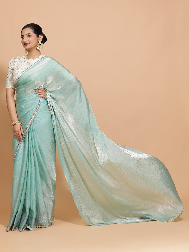 Sophia x Tyohaar | Aqua Sheen Tissue Ready-to-Wear One Minute Saree-Binks