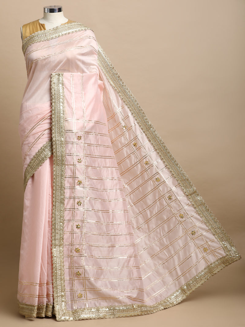 Sringara x Tyohaar | Baby Pink Chandheri Heritage Line Gota Work Saree With Designer Embroidered Lace-Binks