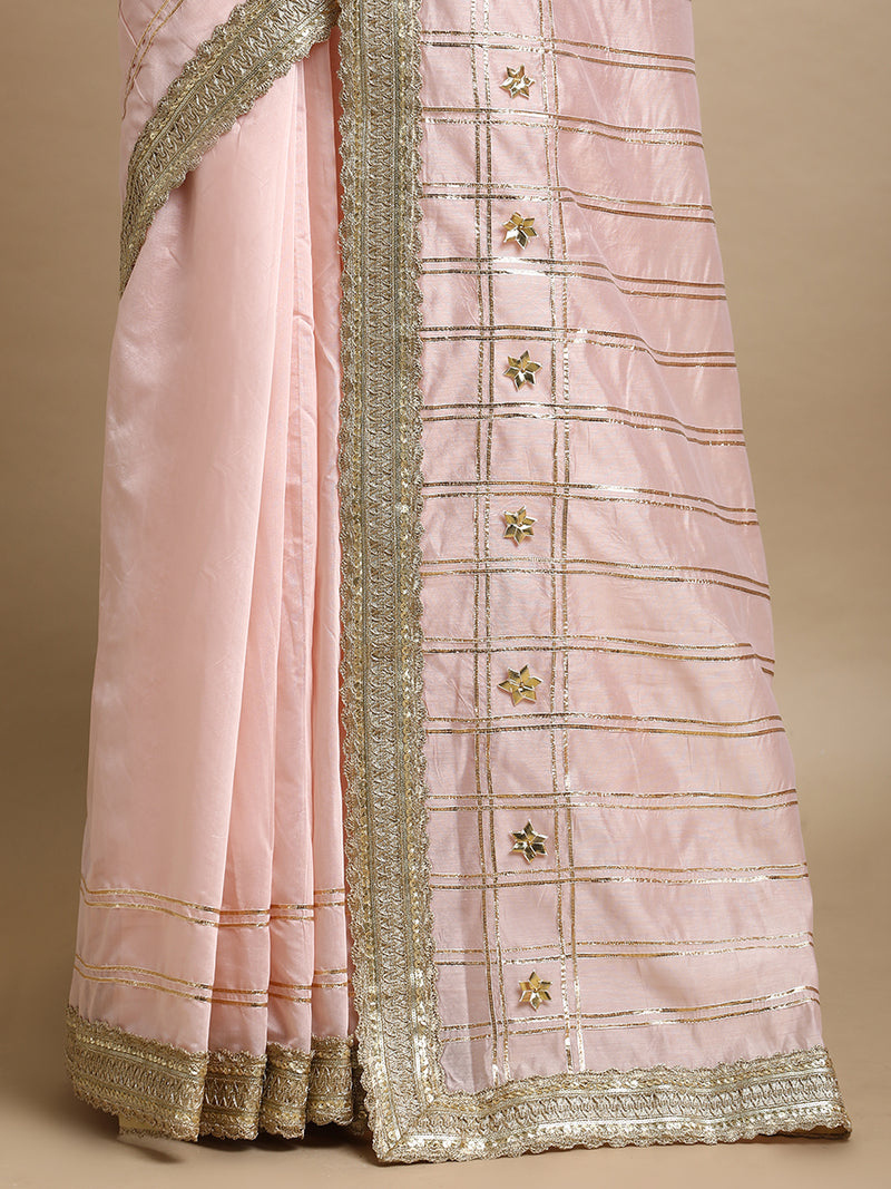 Sringara x Tyohaar | Baby Pink Chandheri Heritage Line Gota Work Saree With Designer Embroidered Lace-Binks