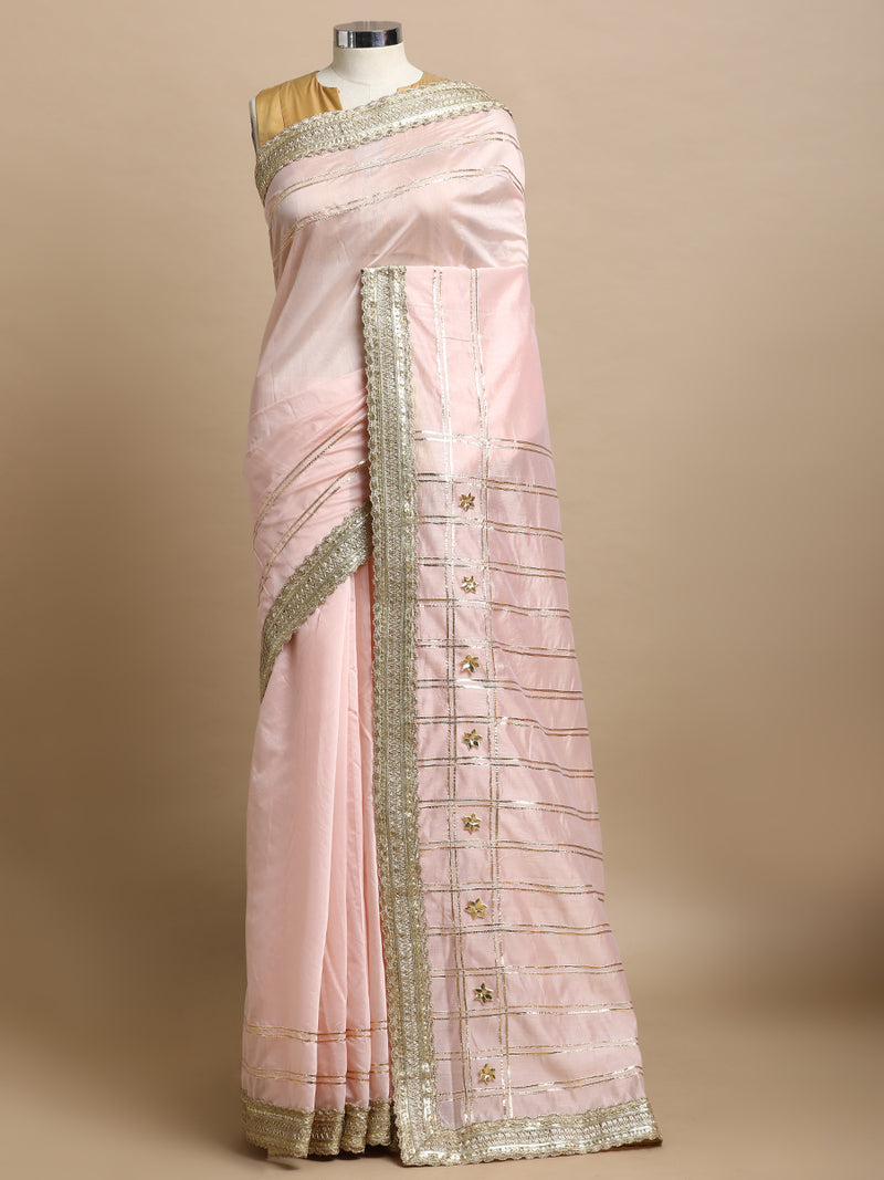 Sringara x Tyohaar | Baby Pink Chandheri Heritage Line Gota Work Saree With Designer Embroidered Lace-Binks