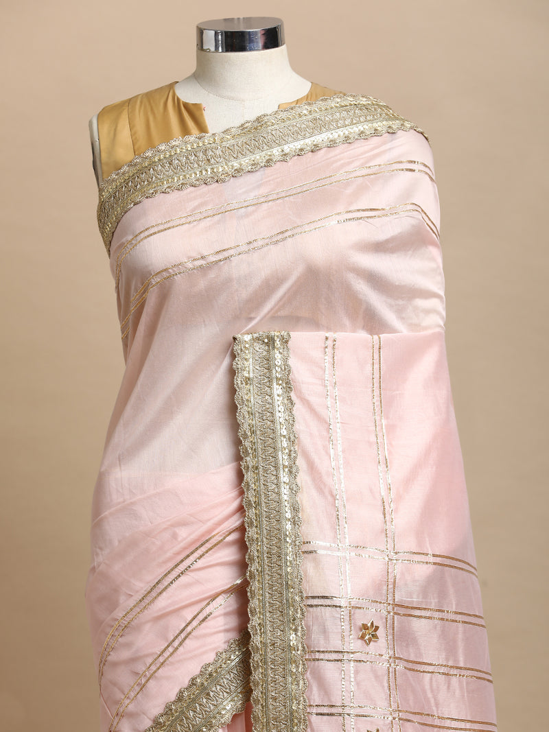 Sringara x Tyohaar | Baby Pink Chandheri Heritage Line Gota Work Saree With Designer Embroidered Lace-Binks